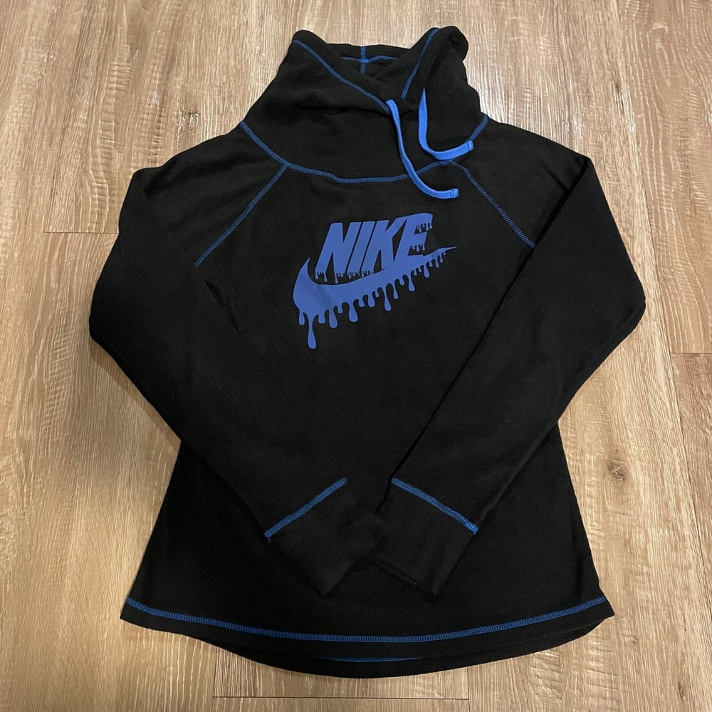 Nike Mens Fleece Pullover Hoodie M Black Blue Drip Logo Cowl Neck Thumbholes